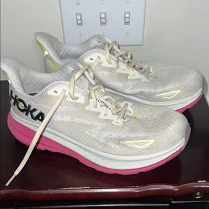 Hoka Women's Running Shoes in White with Pink and Yellow Accents